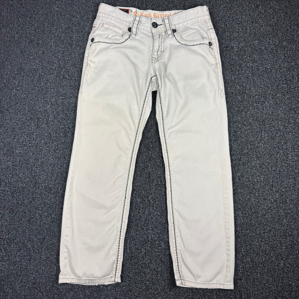 Rock Revival Khaki Straight Leg Jeans Thick Stitch Mens 29 Beige Fair